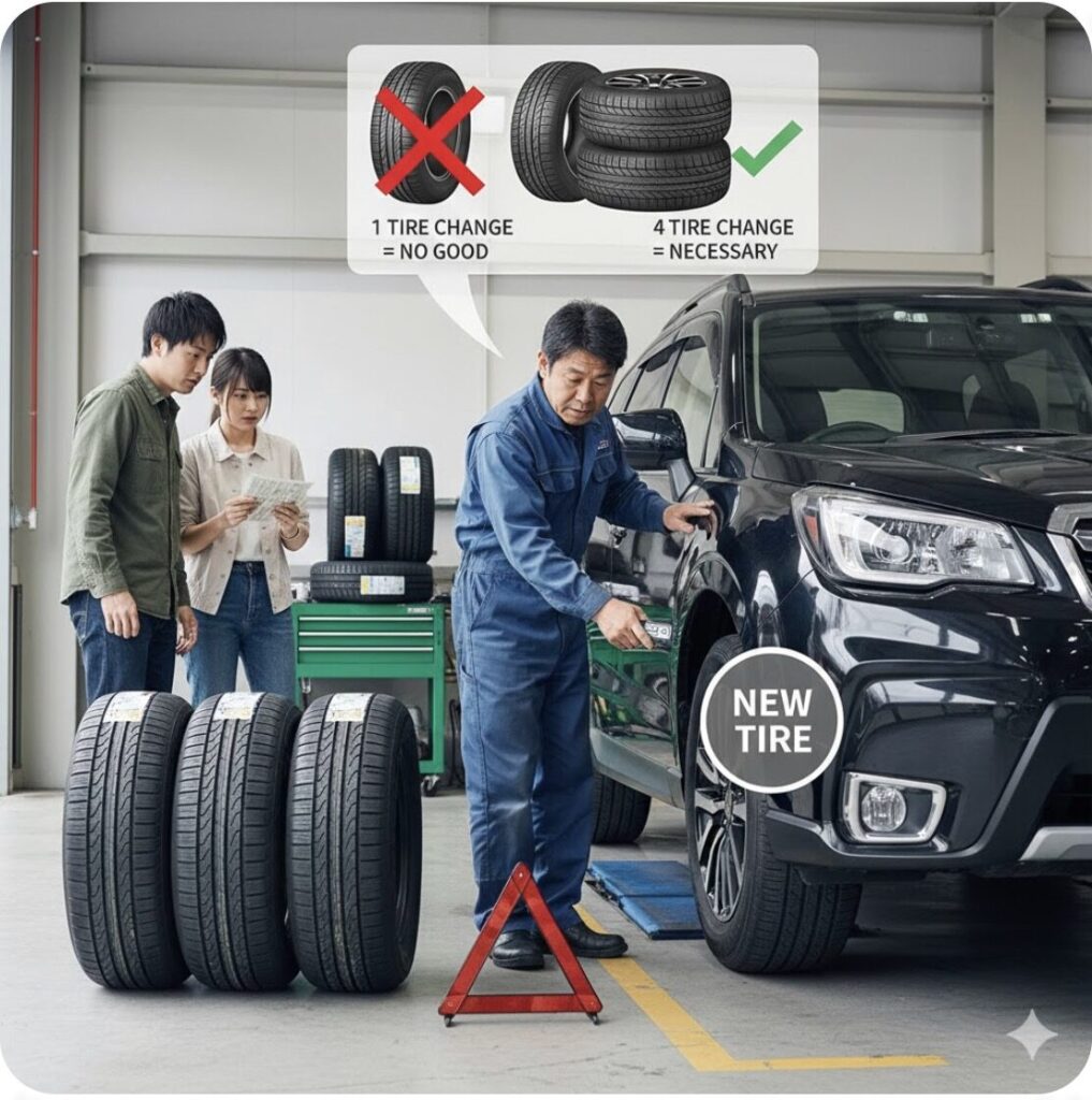 自動車整備工場で、メカニックが日本人夫婦にスバル車のタイヤ交換について説明しており、1本パンクでも4本交換が必要な理由を解説している