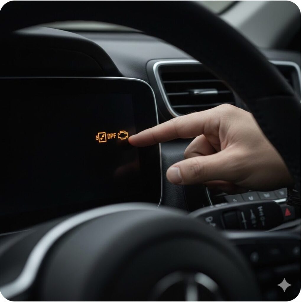 車のメーターパネルに点灯したDPF（微粒子除去装置）の警告灯。短距離走行による詰まりリスクと強制再生の必要性を示唆。