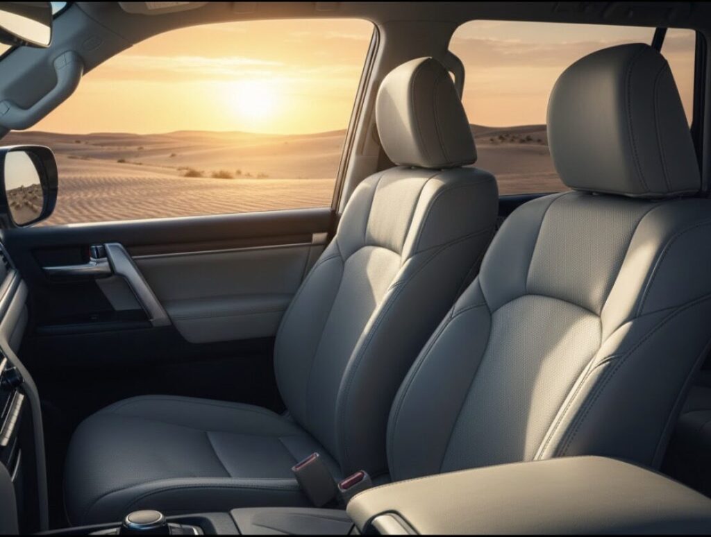 酷暑地域への輸出で非常に重要視される、熱を吸収しにくいニュートラルベージュの内装色と、炎天下の海外市場の様子。