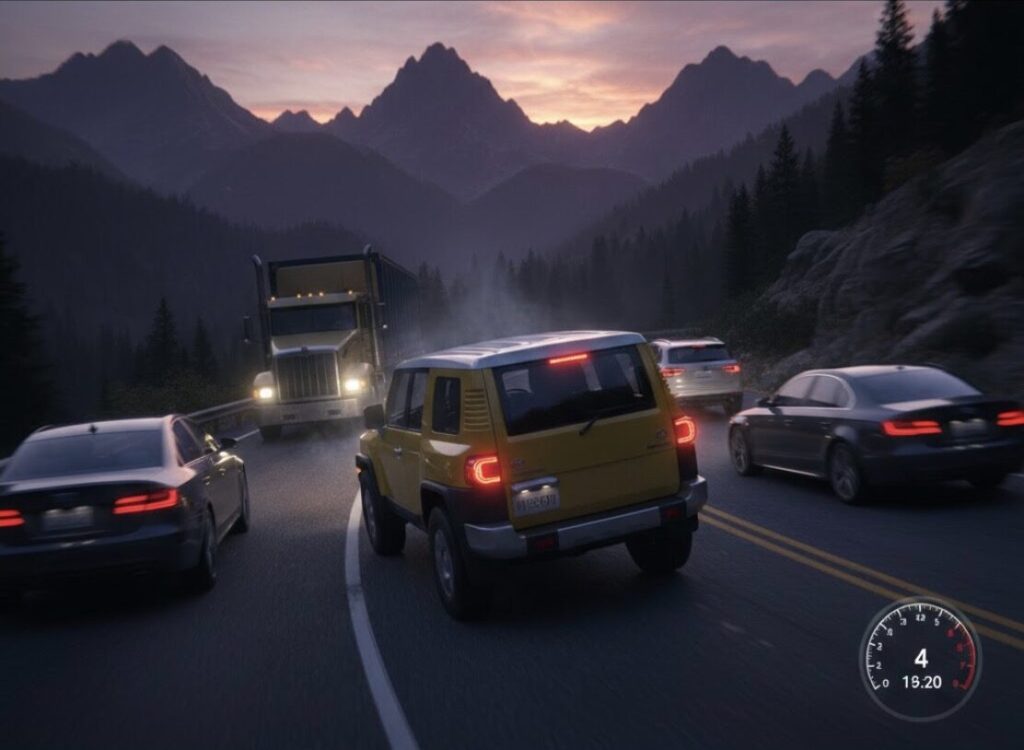 重量級ボディのランドクルーザーFJが、高速道路の登り坂で加速に苦労している様子をイメージした画像。非力なエンジンと走行性能への懸念を表現。