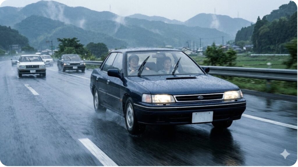 雨の高速道路を安定して走る初代スバル・レガシィセダン。フルタイムAWD化による高速安定性の向上を象徴。