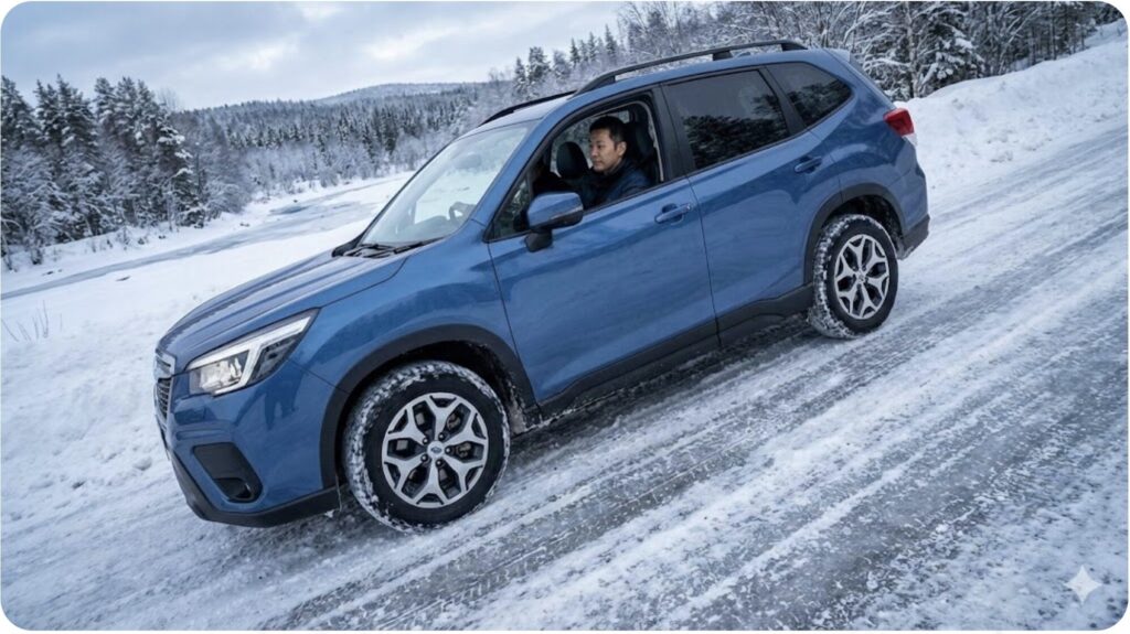 雪の急坂を力強く登るスバル・フォレスター。雪道での優れたトラクション性能と安心感を表現。