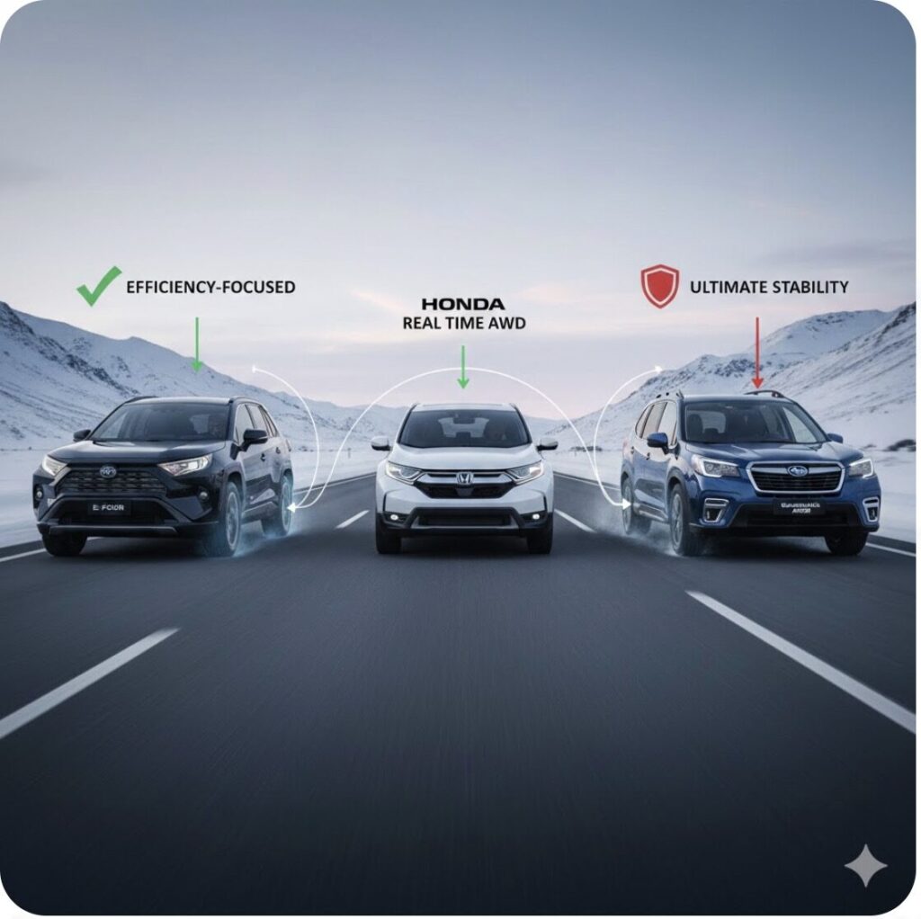 雪道を走るトヨタ、ホンダ、スバルの3台のSUVが並んでおり、それぞれの4WDシステムの設計思想（効率重視 vs 安定性重視）を比較している