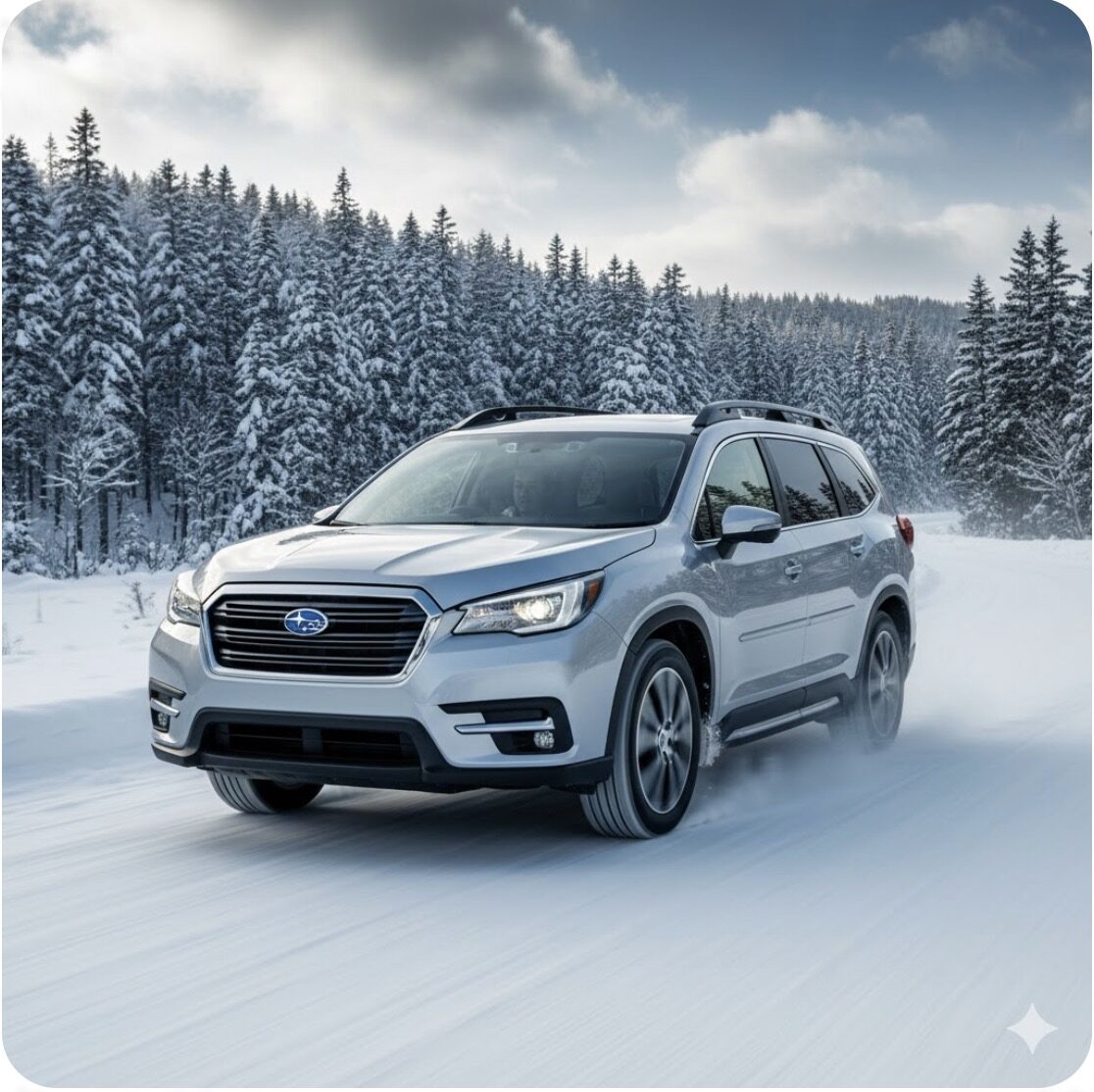 雪道を走行する現代のスバル車が、その左右対称のAWDシステムによって安定した走行性能を発揮している様子。