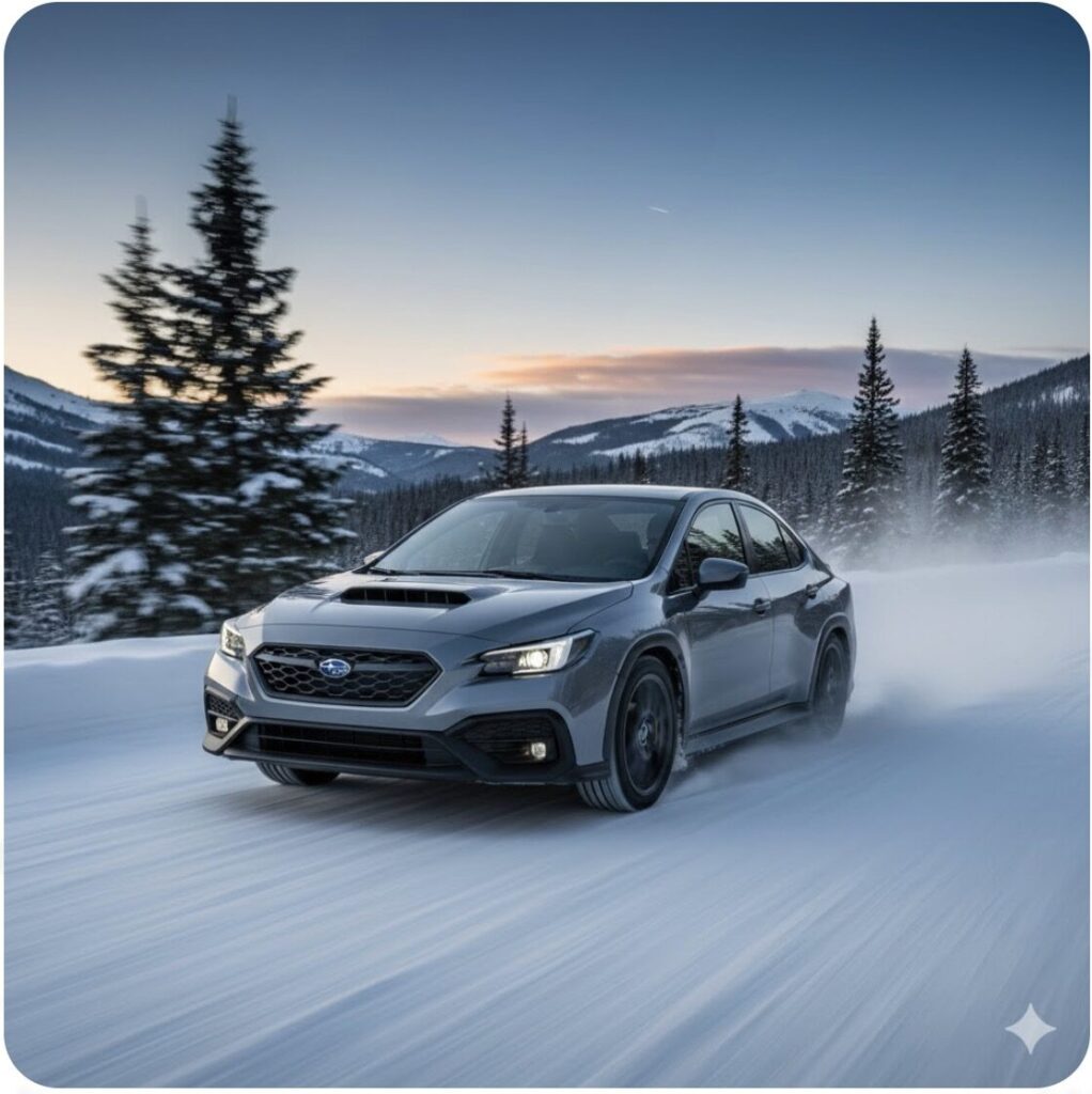 雪道を高速かつ安定して走行するスバル車のダイナミックな走行シーン。様々なAWDシステムの違いを解説するイメージ。