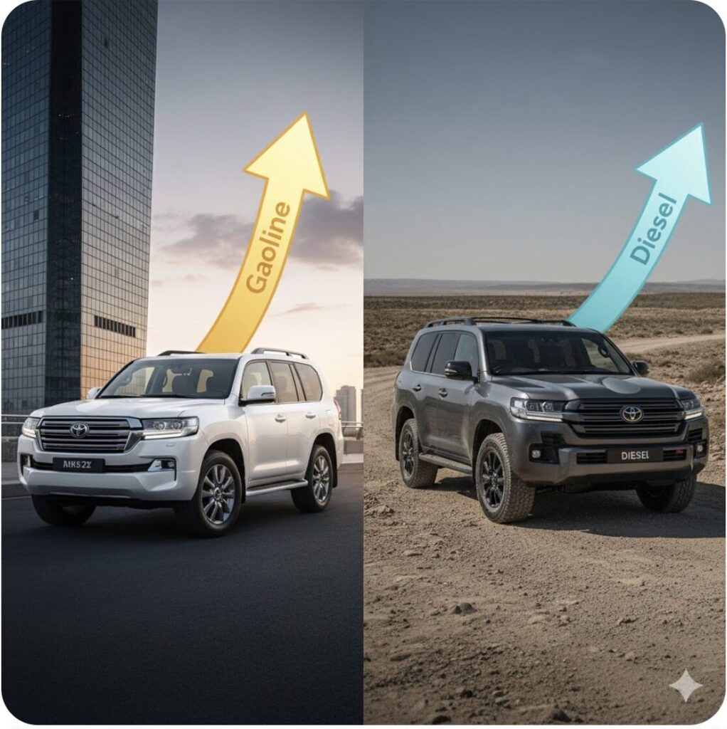 高リセールを維持するガソリンZX（白）と、相場が落ち着いたディーゼルGR SPORT（濃灰）を対比させ、市場におけるリセール格差の現状を視覚化した画像。