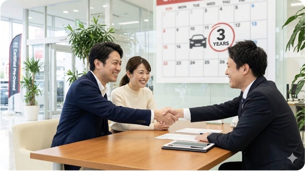 3年後の適切なタイミングでランドクルーザー250を高値で売却し、満足げな日本人夫婦。