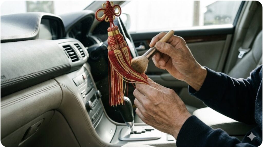 ふさの美しさを保つために、柔らかいブラシを使って丁寧に行うメンテナンスの様子