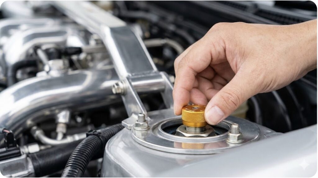 エンジンルーム内にある車高調サスペンションのアッパーマウント上部に設けられた減衰力調整ダイヤルを、日本人の手が回して調整しているクローズアップ写真。