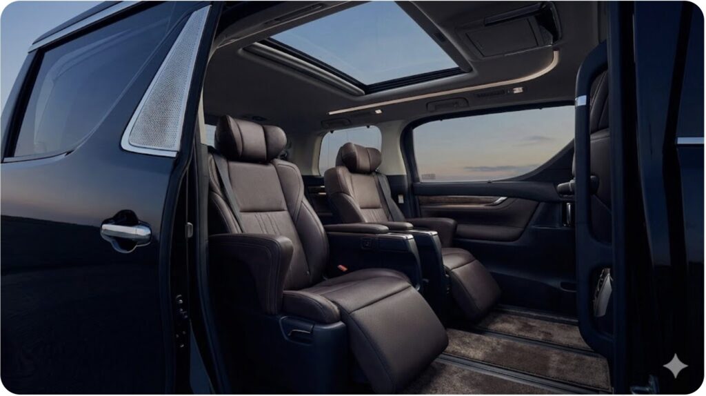 サンルーフ、本革シート、高級オーディオなど、リセールバリューを高めるメーカーオプションが装備されたアルファード30系後期モデルの豪華な内装。