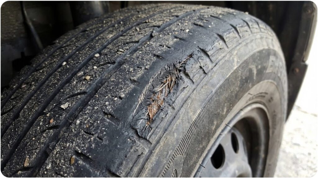 シャコタン車特有の極端なネガティブキャンバーによって内側が激しく偏摩耗し、内部のワイヤーが露出してしまった使用済みタイヤのクローズアップ写真。