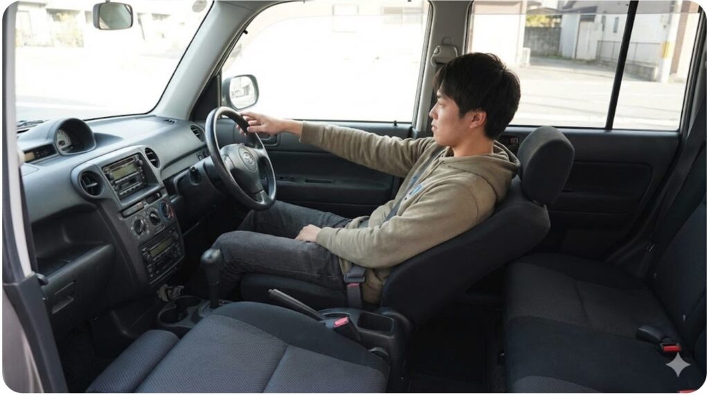 トヨタbBの車内でシートを深く倒し、片手でハンドルを操作する独特なドライビングポジションの様子