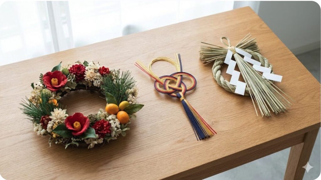 ドライフラワーリース型、カラフルな水引型、シンプルな本藁型など、現代風におしゃれにデザインされた車内用しめ縄飾りの比較。