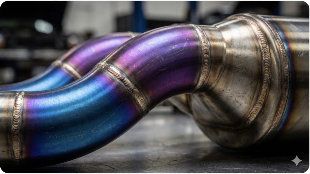 パワークラフト製チタンマフラーのクローズアップ。美しい青と紫の焼き色（ヒートグラデーション）と、精巧な溶接ビードが見える。日本の職人技による高品質なカスタムパーツ。