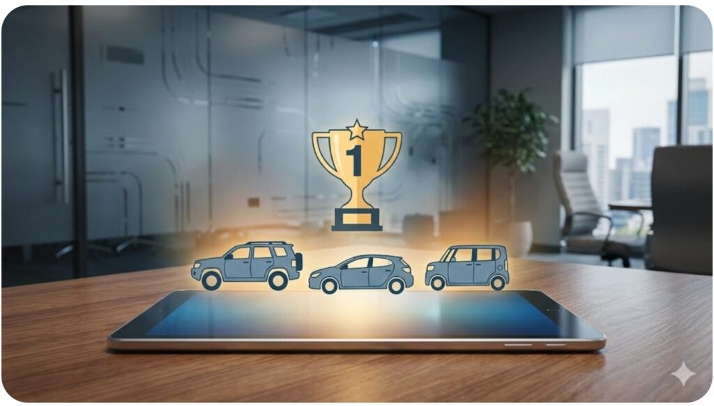 モダンなオフィスのデスクに置かれたタブレット端末。画面には金メダルのアイコンと、普通車・小型車・軽自動車を象徴する車のシルエットが表示されている。