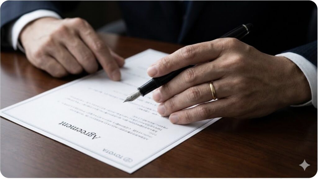 ランドクルーザーの購入契約書または転売禁止誓約書にサインをする日本人の手元。