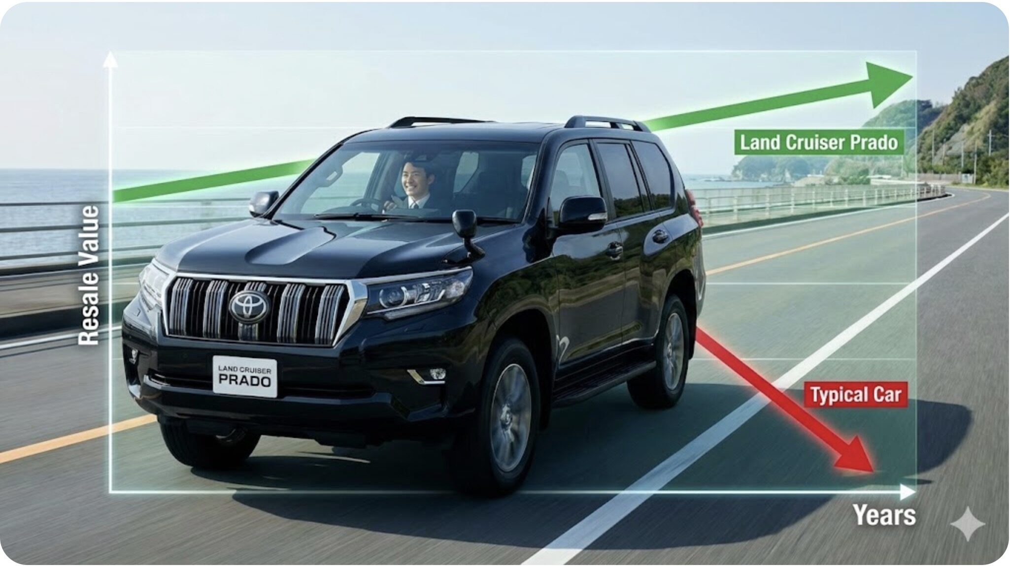 ランドクルーザープラドが一般的な乗用車と比較して、経過年数に対する高い残価率を維持していることを示すグラフのオーバーレイ。