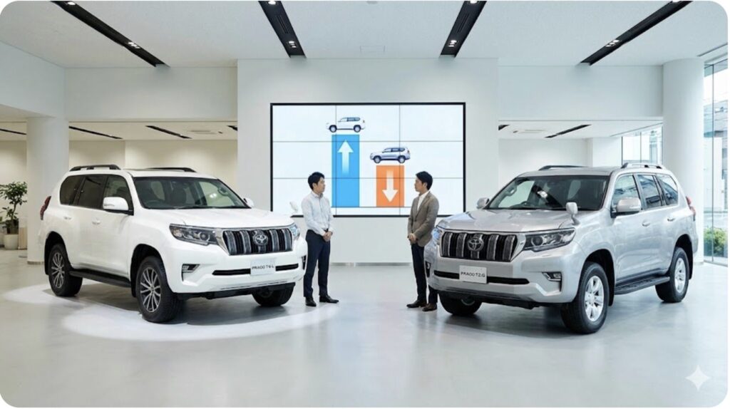 ランドクルーザープラドのTX LパッケージとTZ-Gを比較し、TX-Lの方がリセールバリューが高いことを示す視覚的な対比図。