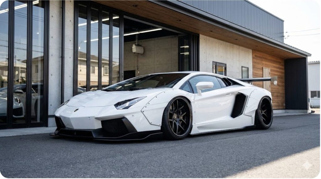 リバティーウォーク製のワイドボディキットを装着し、極限まで車高を下げた「シャコタン」スタイルのランボルギーニ・アヴェンタドール。日本のカスタムショップの前に停まっている。