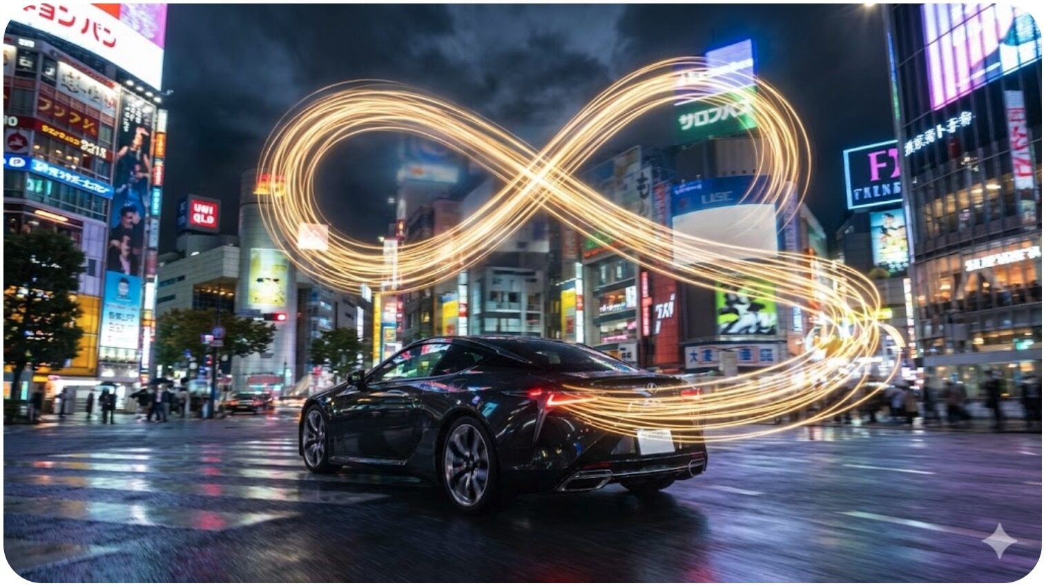 夜の都会を走る高級車のテールランプから、金色の光の粒が無限大（∞）の形を描きながら流れていく、エネルギーに満ちた幻想的なシーン。
