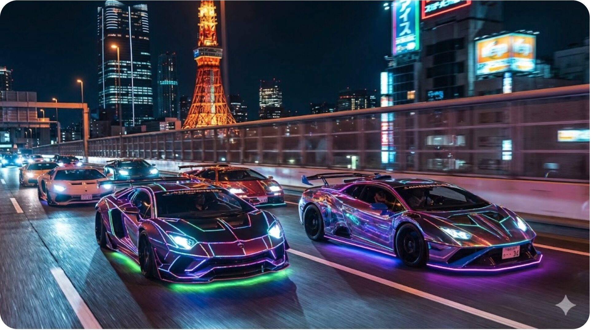 夜の首都高速道路を、鮮やかなネオンLEDと派手なカスタムで飾られた複数のランボルギーニが隊列を組んで疾走する様子。