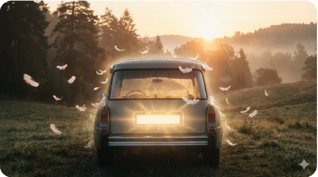 夜明け前の静かな空気の中、車の後部が神聖な金色の光に包まれている様子。周囲には柔らかい白い羽根が舞い、守護されているような雰囲気。