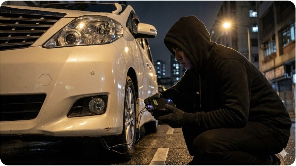 夜間、アルファードの左フロントバンパー付近で、犯人が特殊な機器を配線に接続しているCANインベーダーの犯行イメージ。