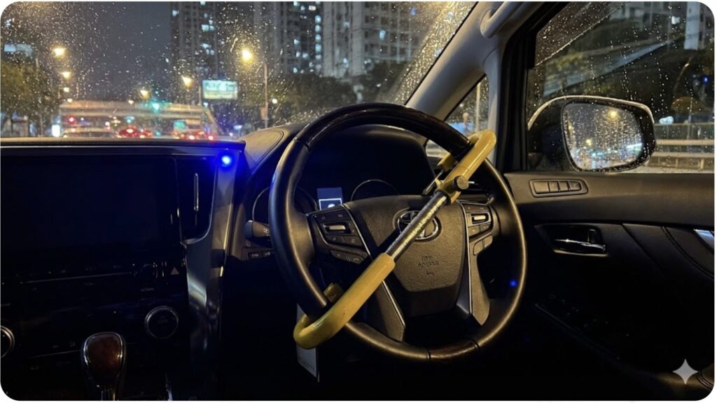 夜間のアルファード車内。ステアリングに黄色のハンドルロックが装着され、ダッシュボード上で青色のセキュリティLEDが点滅している様子。