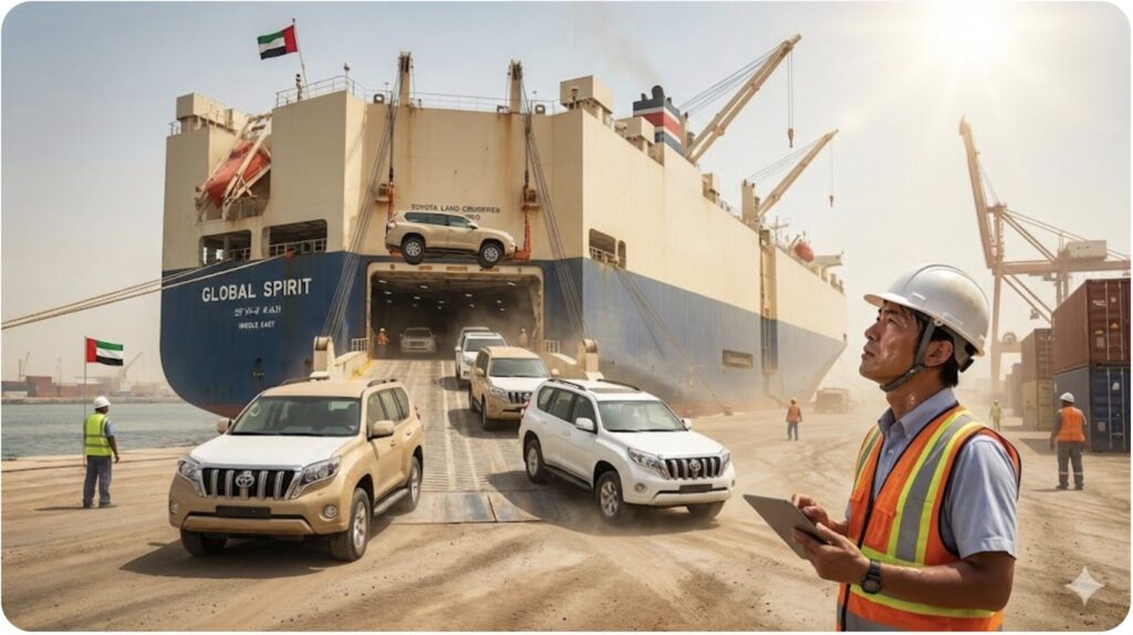 大型の貨物船に積み込まれるランドクルーザープラド。中東やアフリカなど海外輸出市場の旺盛な需要を象徴する港湾の風景。
