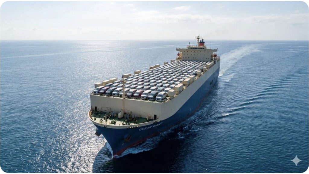 大量のアルファードを載せて航海する自動車運搬船。日本車に対する海外（特に東南アジアや中東）の強力な輸出需要によるリセールバリューの下支えを視覚化。