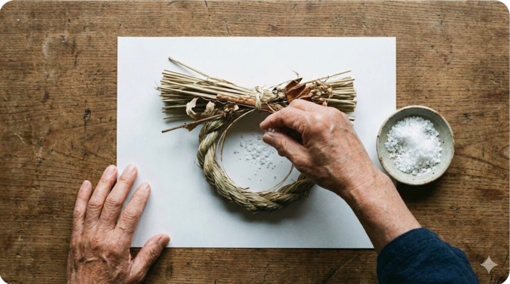 家庭でしめ縄を処分する前に、白い紙の上で塩と清酒をかけてお清めをしている手元の様子。