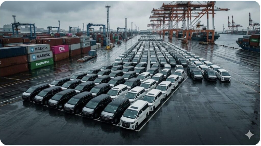 愛知県の港湾部にある自動車輸出用ヤードの風景。コンテナターミナルの手前に多数のアルファードやヴェルファイアが駐車されている。