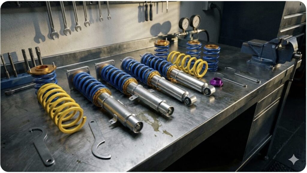 整備工場の作業台に並べられた高品質な全長調整式車高調キット一式（ショックアブソーバー、スプリング、調整用レンチなど）の写真。