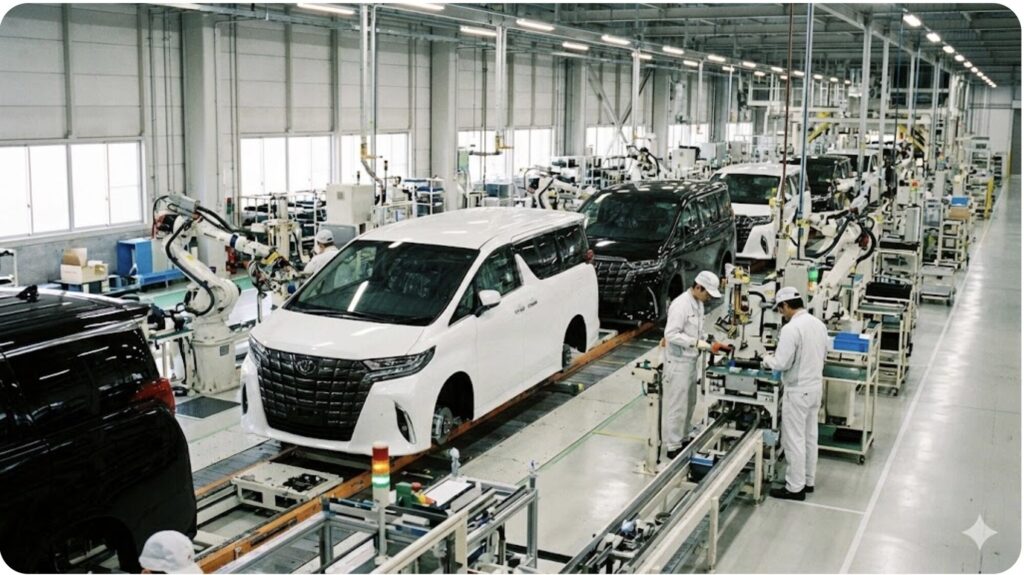 新型アルファード（40系）が生産ラインで次々と組み上げられている自動車工場の様子。生産体制の完全回復と新車供給の安定化を象徴。