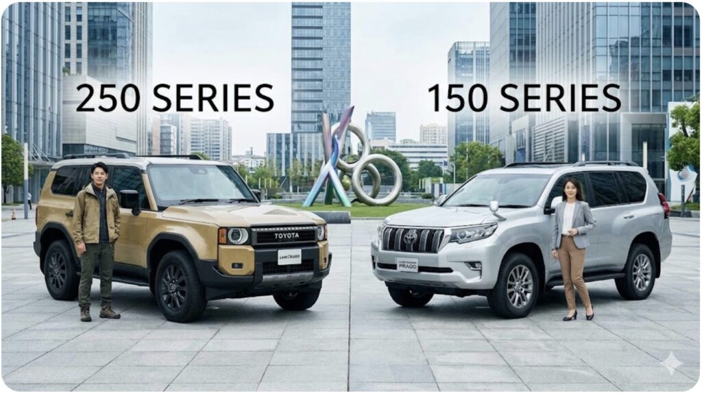 新型ランドクルーザー250系と旧型ランドクルーザープラド150系のデザインを比較するビジュアル。