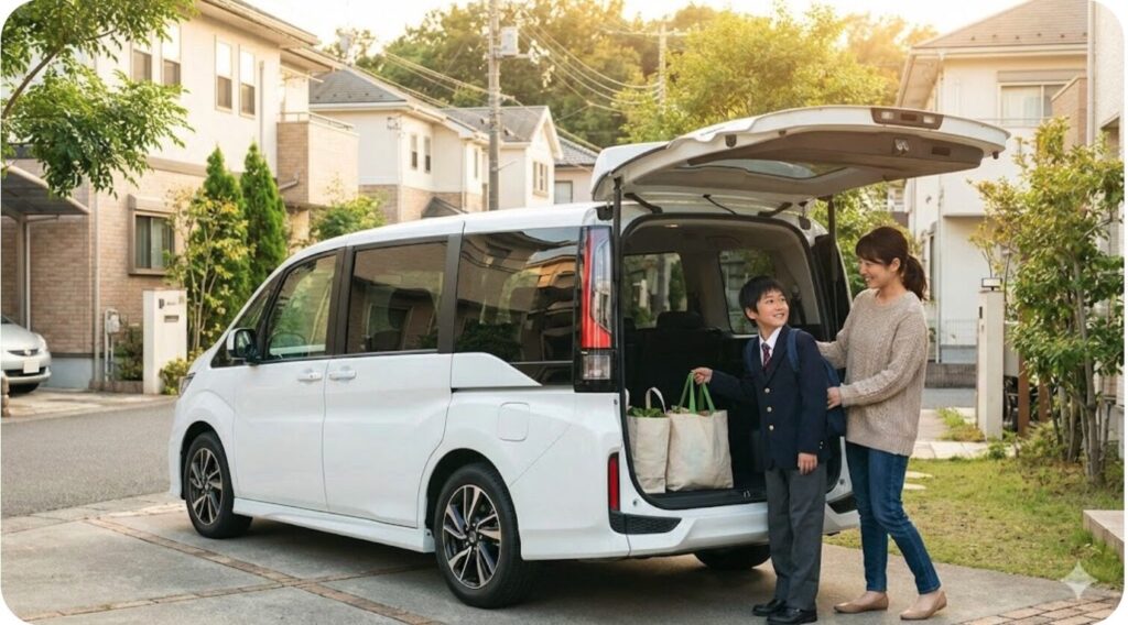 日本の住宅街の駐車場で、白いファミリー向けのミニバンに荷物を積み込む日本人の母親と中学生の子供。明るく清潔感のある日常の風景。