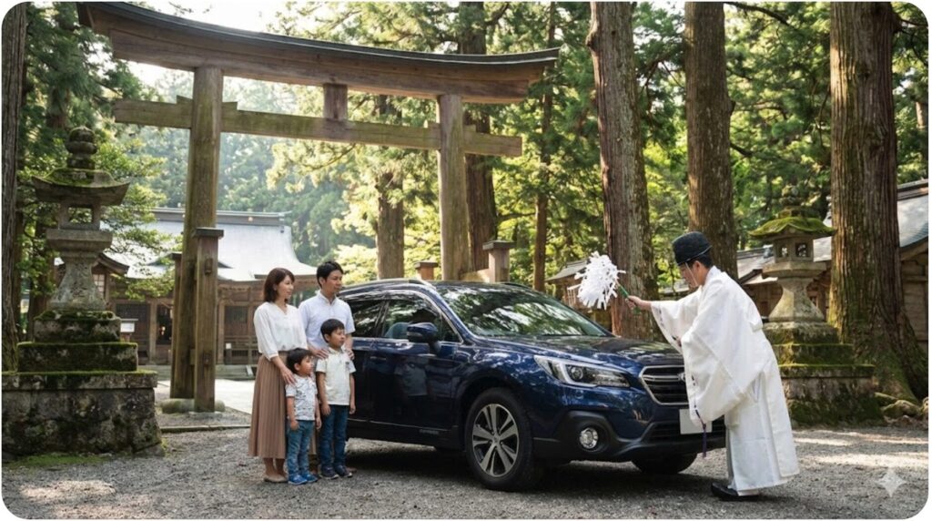 日本の神社で神職による車のお祓いを受け、交通安全を祈願して手を合わせる家族連れ。