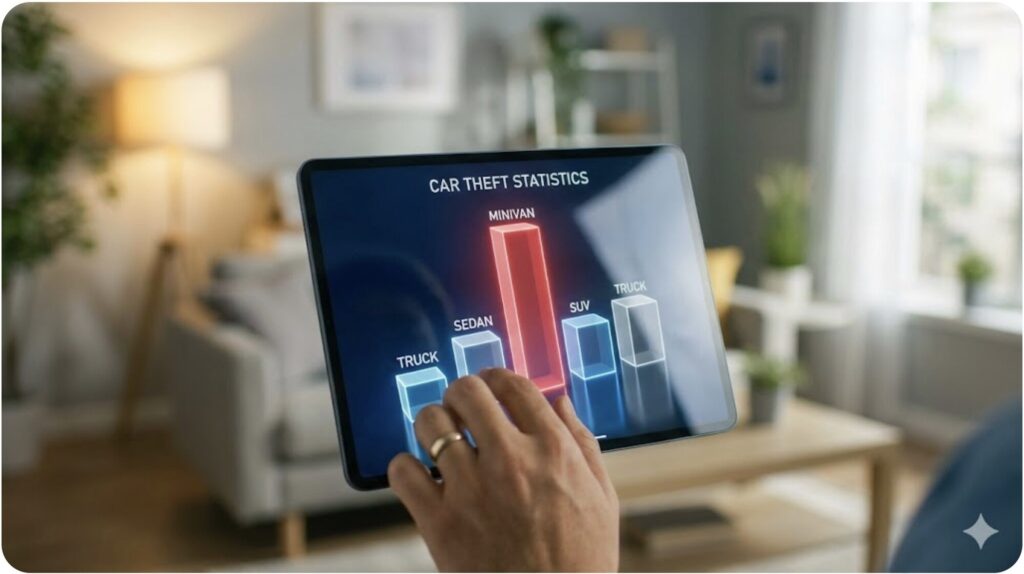 日本の自動車盗難被害車種別ランキングを示すタブレット画面のグラフ。アルファードが上位であることを赤色で強調している。