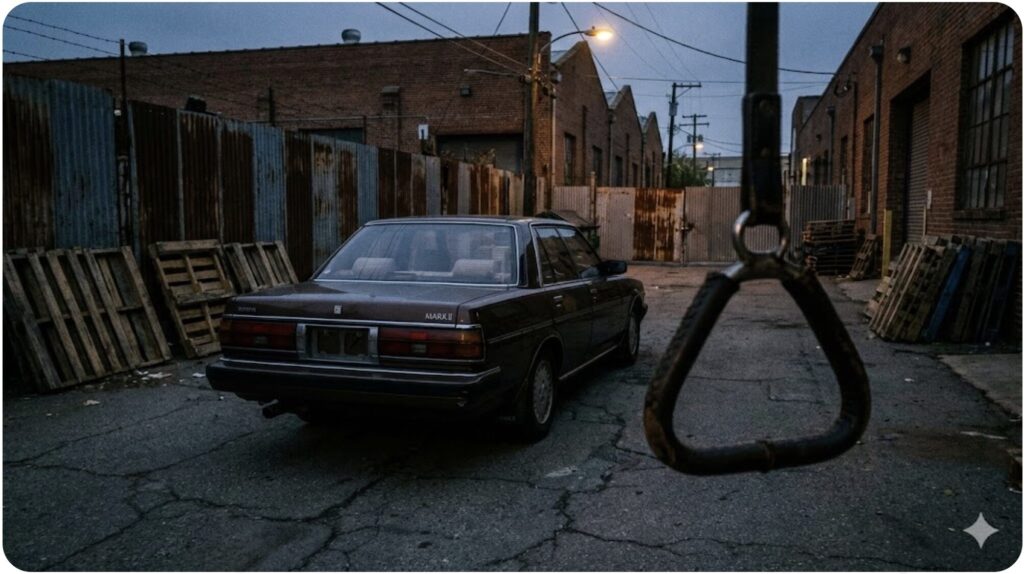 昭和の暴走族文化を彷彿とさせる、古い角型セダンの後部に取り付けられたヴィンテージな三角形のつり革。