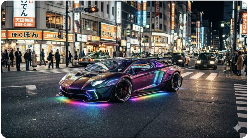 東京の夜の街を疾走する、色鮮やかなLED電飾でカスタムされたランボルギーニ・アヴェンタドール。日本の独自のヤンキー車文化を象徴するスタイル。