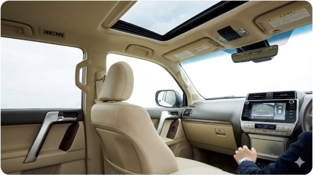 査定額を大きく左右するサンルーフ、ベージュ本革シート、メーカーオプションナビなどの必須装備が揃ったランドクルーザープラドの豪華な内装。