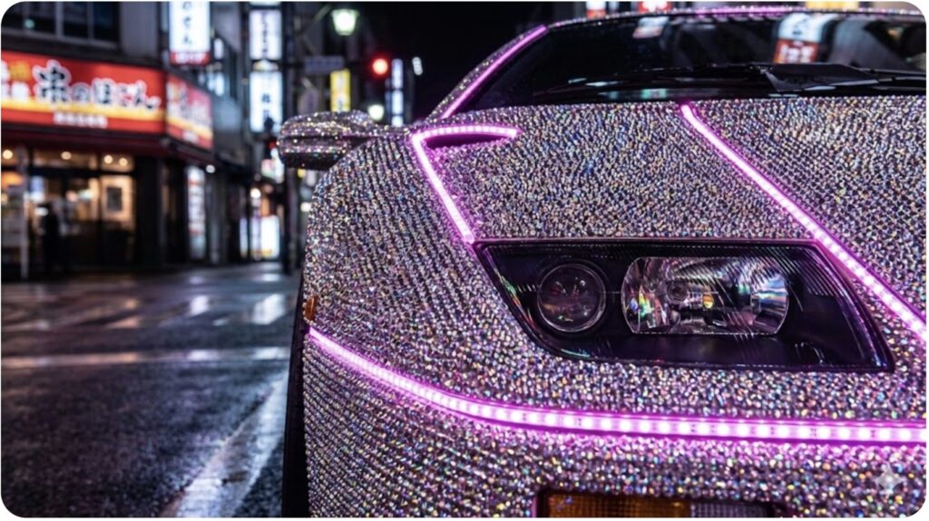 無数のスワロフスキークリスタルで装飾され、ピンクのLEDが輝くランボルギーニ・ディアブロ。諸星一家を象徴する派手なデコレーションカスタムのクローズアップ。