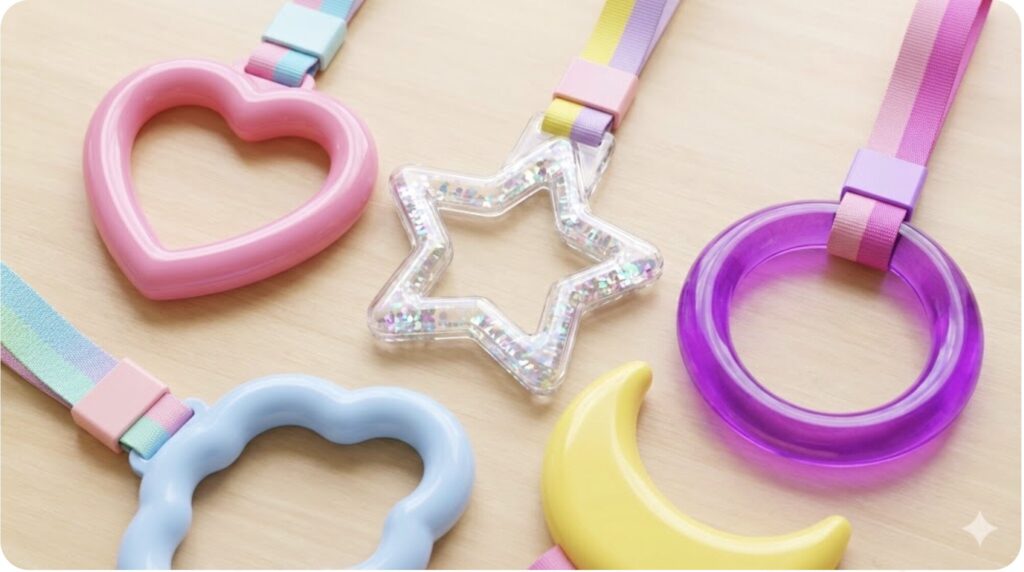 現代のJDMカスタムで人気の、ピンクのハート型やラメ入りの星型などカラフルで多彩なデザインの車用つり革。