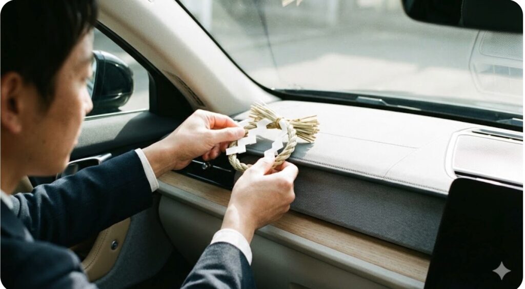 現代の車の助手席側ダッシュボードに、運転の妨げにならないよう小型でモダンなしめ縄飾りを設置している様子。
