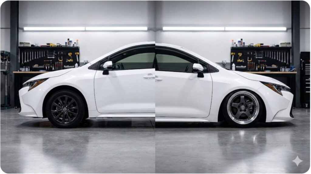 白いセダンのノーマル車高（左）とローダウンしたシャコタン車高（右）の比較写真。車高を下げることでフェンダーとタイヤの隙間がなくなり、ワイド＆ローなスタイルが強調されている様子。