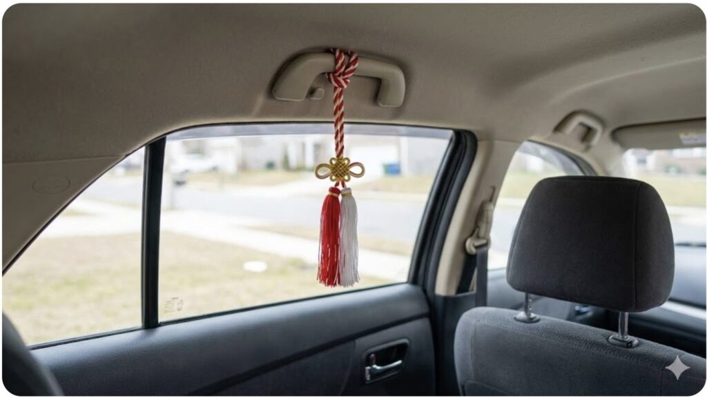 視界を妨げない安全な設置場所として、後部座席のアシストグリップに飾られたふさ