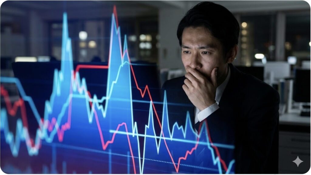 買取相場の不安定さを示すチャートを複雑な表情で見つめる日本人男性。
