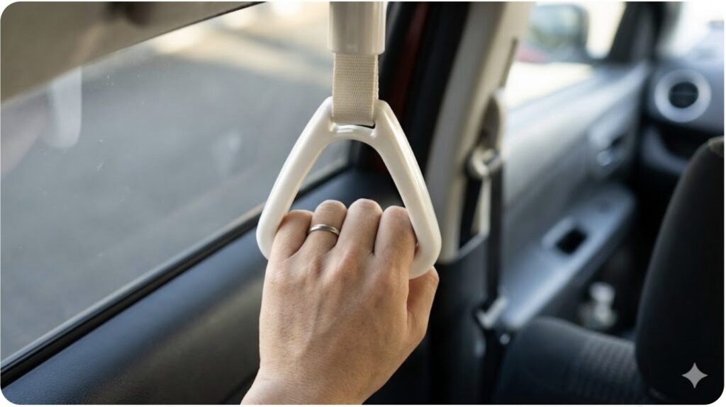 走行中の車内で、体を支えるための命綱としてアシストグリップに取り付けられたつり革を握る手元の様子。