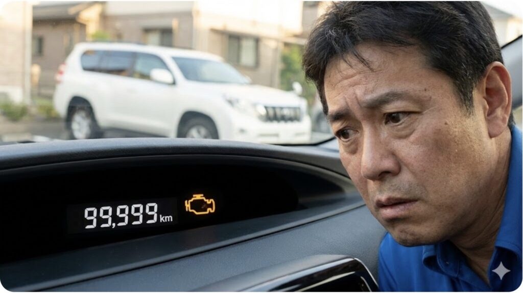 走行距離が10万キロに達する直前の車のオドメーター表示。売却タイミングの重要性を示す。