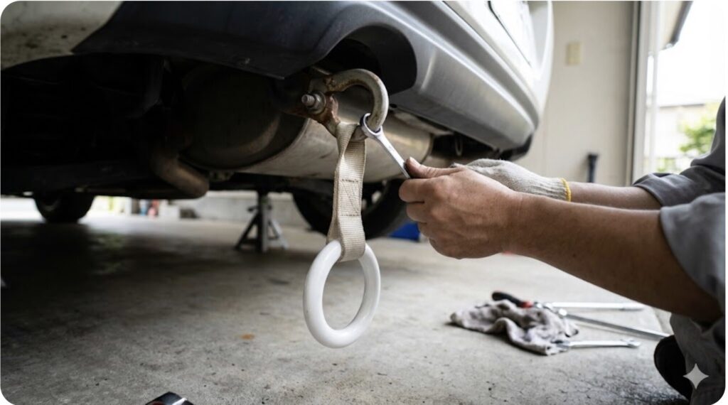 車のリアバンパー下にある金属製の牽引フックに、工具を使ってつり革をしっかりと固定するDIY作業の様子。